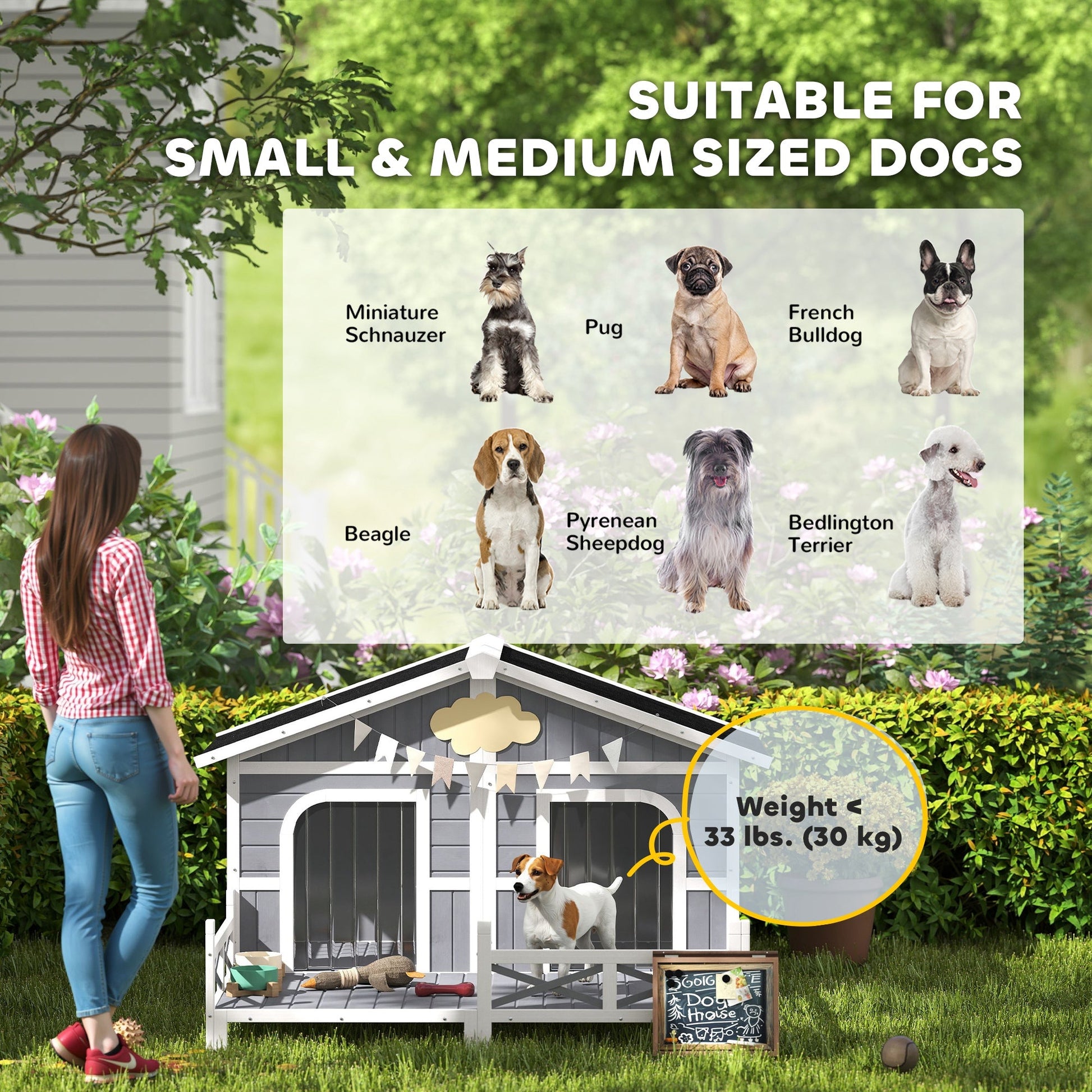 KFX-4553661 Gray Wooden Dog House with Porch, Double Room Design, Weatherproof, Openable Roof, Removable Bottom for Small to Medium Breeds