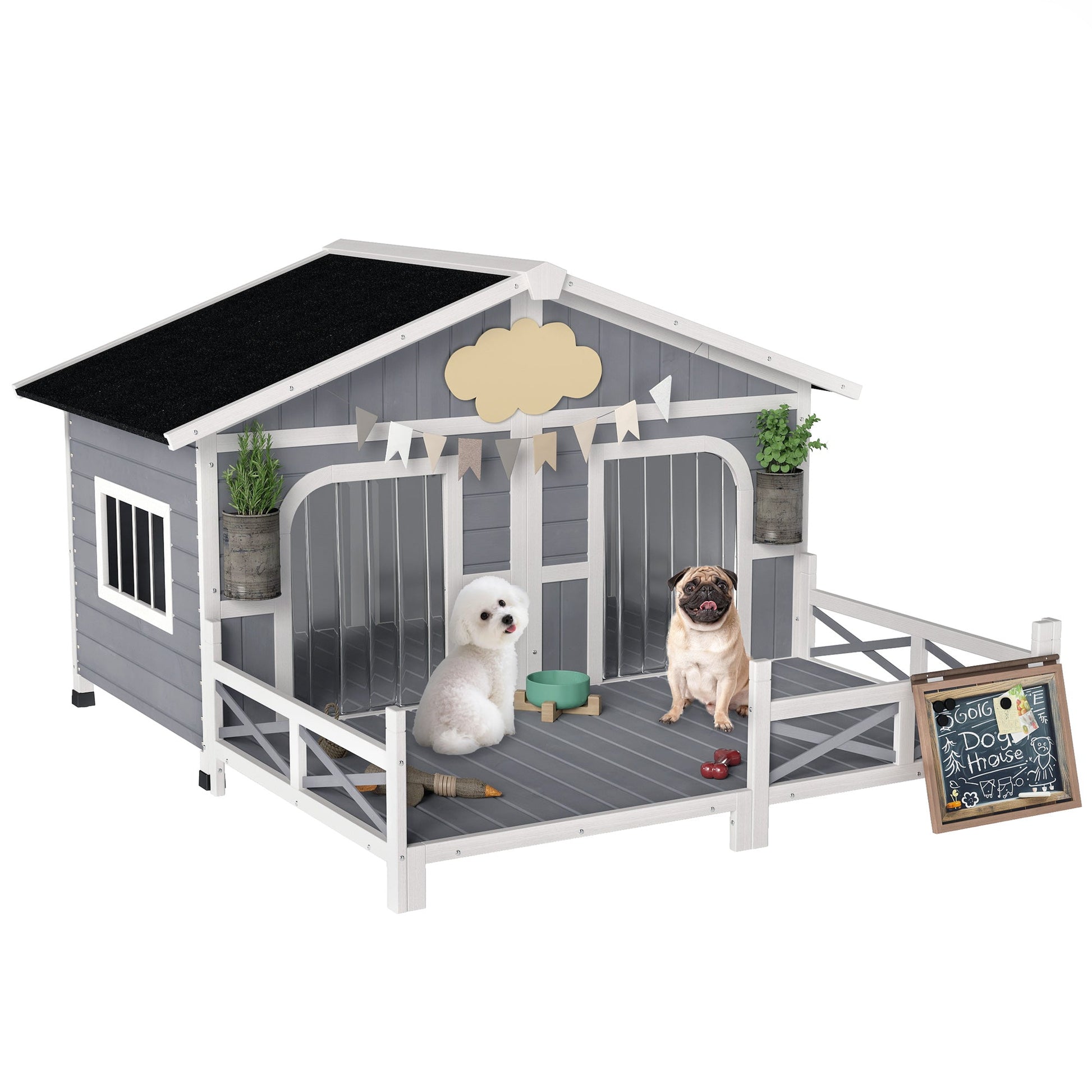 KFX-4553661 Gray Wooden Dog House with Porch, Double Room Design, Weatherproof, Openable Roof, Removable Bottom for Small to Medium Breeds