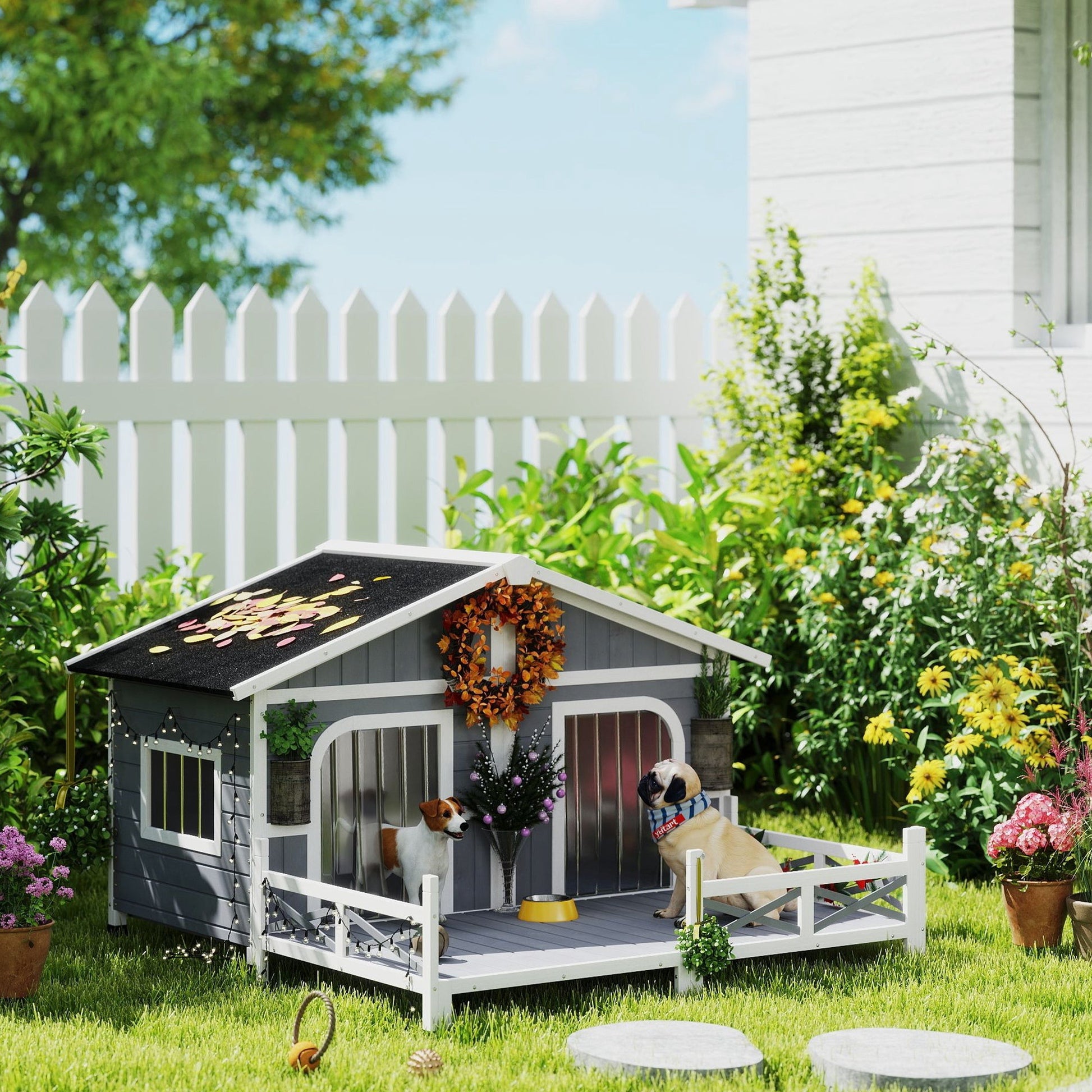 KFX-4553661 Gray Wooden Dog House with Porch, Double Room Design, Weatherproof, Openable Roof, Removable Bottom for Small to Medium Breeds