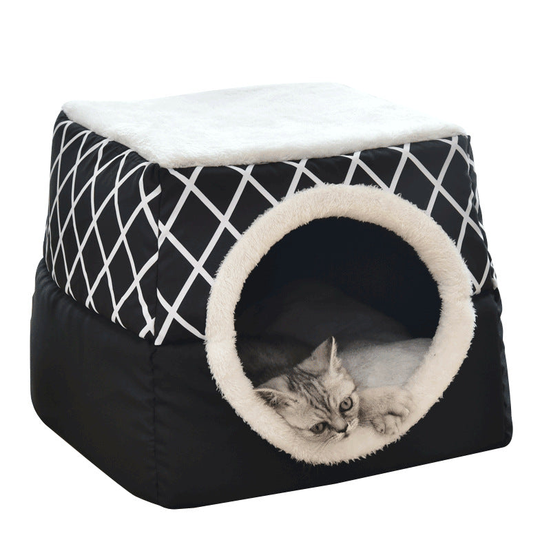 KFX-4554045 Cozy Closed Cat Room - Space Box Pet Nest in Gray/Black with Velvet Fabric and High Density Sponge