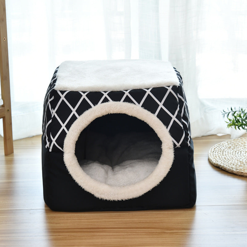 KFX-4554045 Cozy Closed Cat Room - Space Box Pet Nest in Gray/Black with Velvet Fabric and High Density Sponge