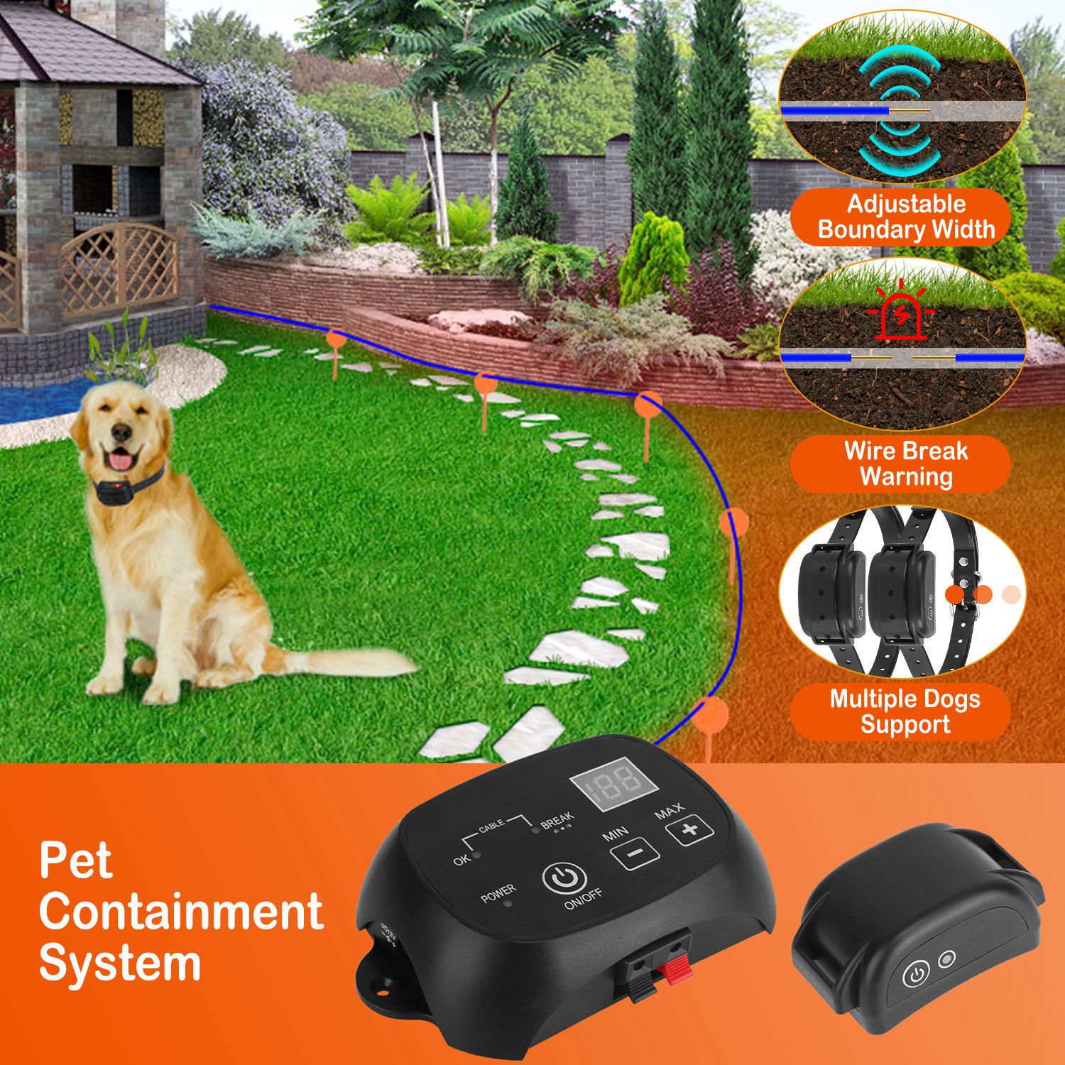 KFX-4555453 Adjustable Wireless Dog Fence System with Waterproof Receiver and Rechargeable Collar for Small to Large Dogs