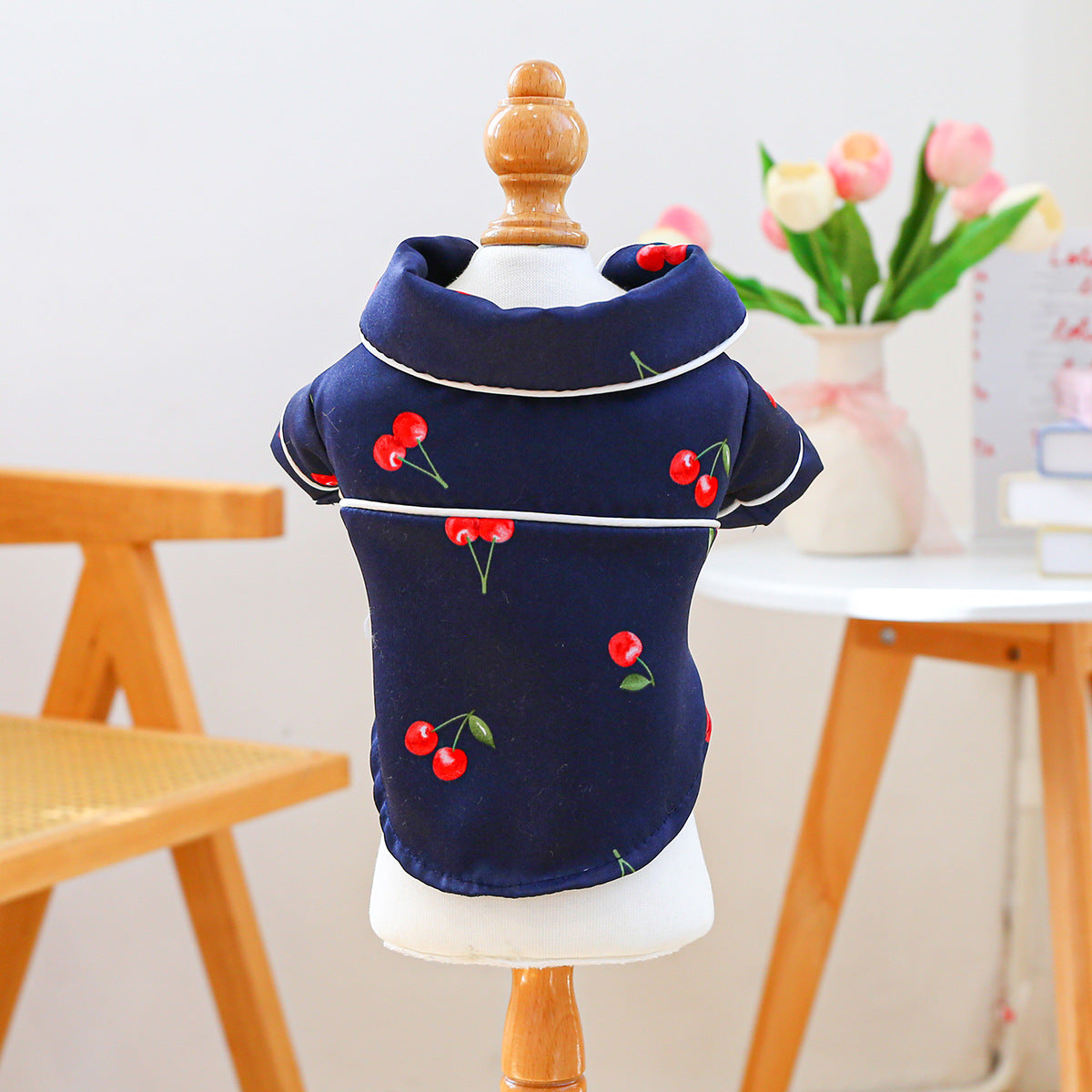 KFX-4556605 Cherry Pajamas for Small Dogs and Puppies – Comfortable Polyester Sleepwear in Dark Blue and White