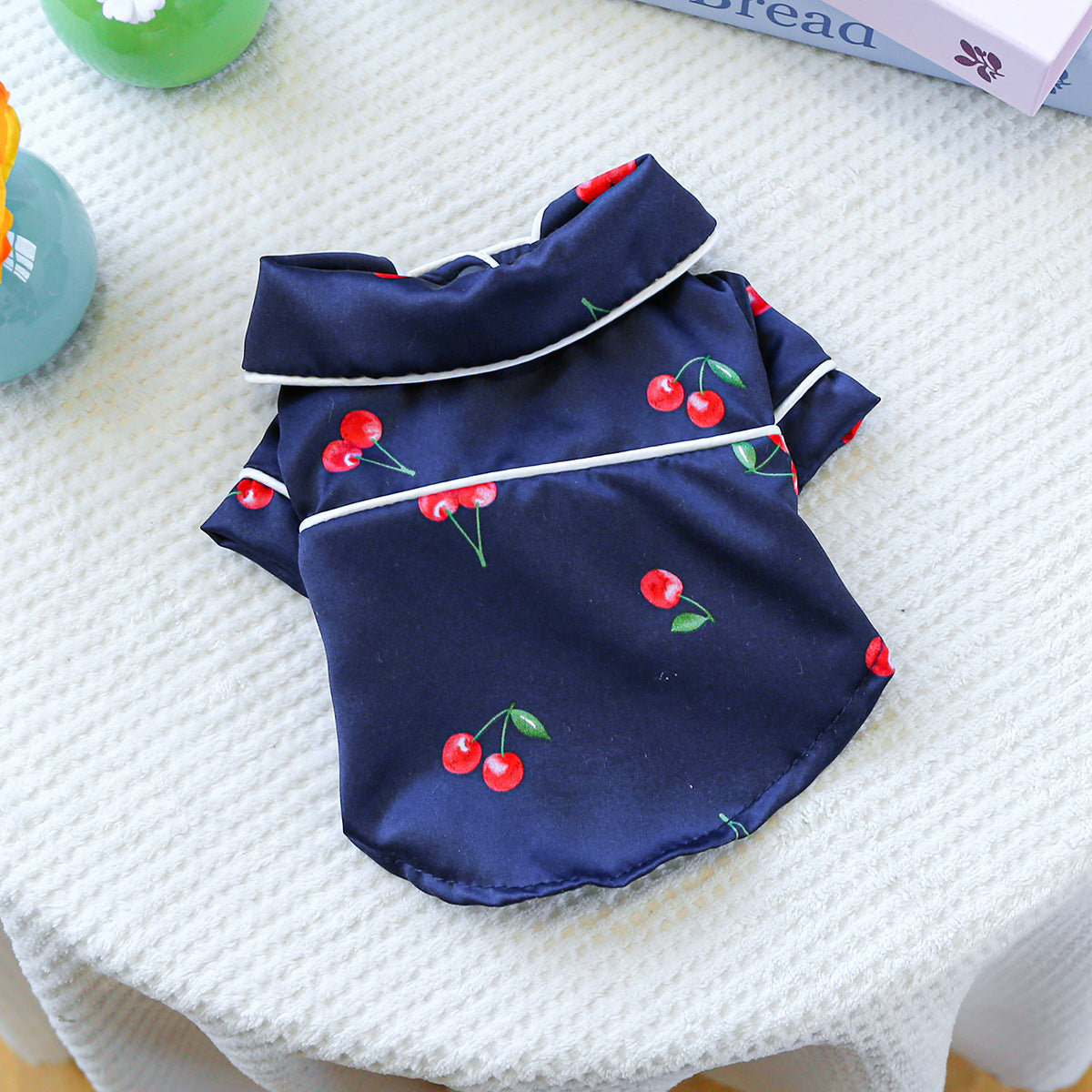 KFX-4556605 Cherry Pajamas for Small Dogs and Puppies – Comfortable Polyester Sleepwear in Dark Blue and White