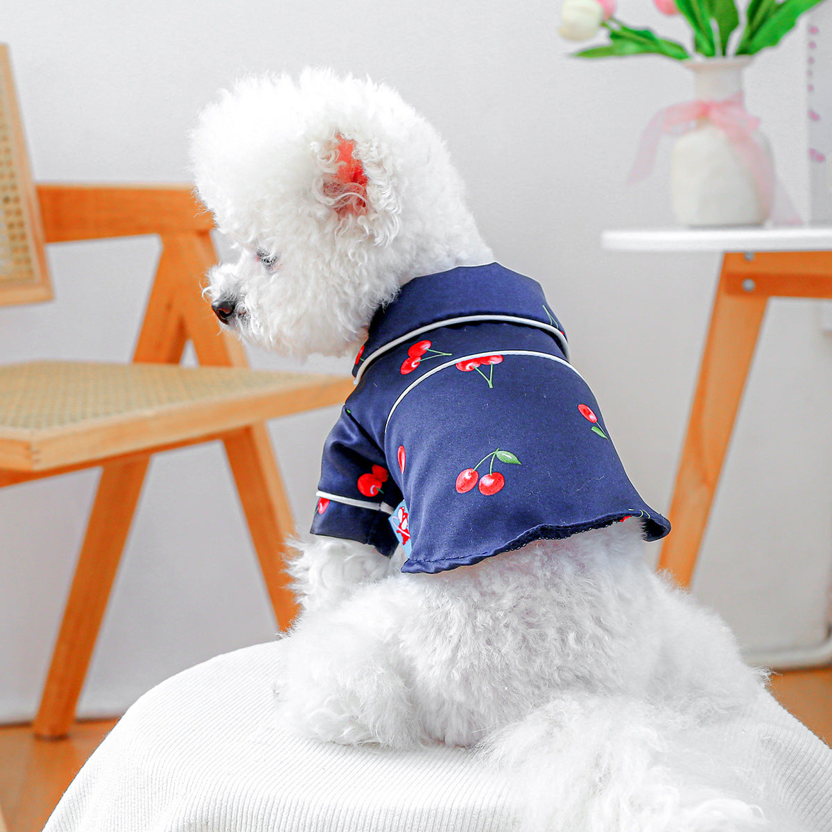 KFX-4556605 Cherry Pajamas for Small Dogs and Puppies – Comfortable Polyester Sleepwear in Dark Blue and White