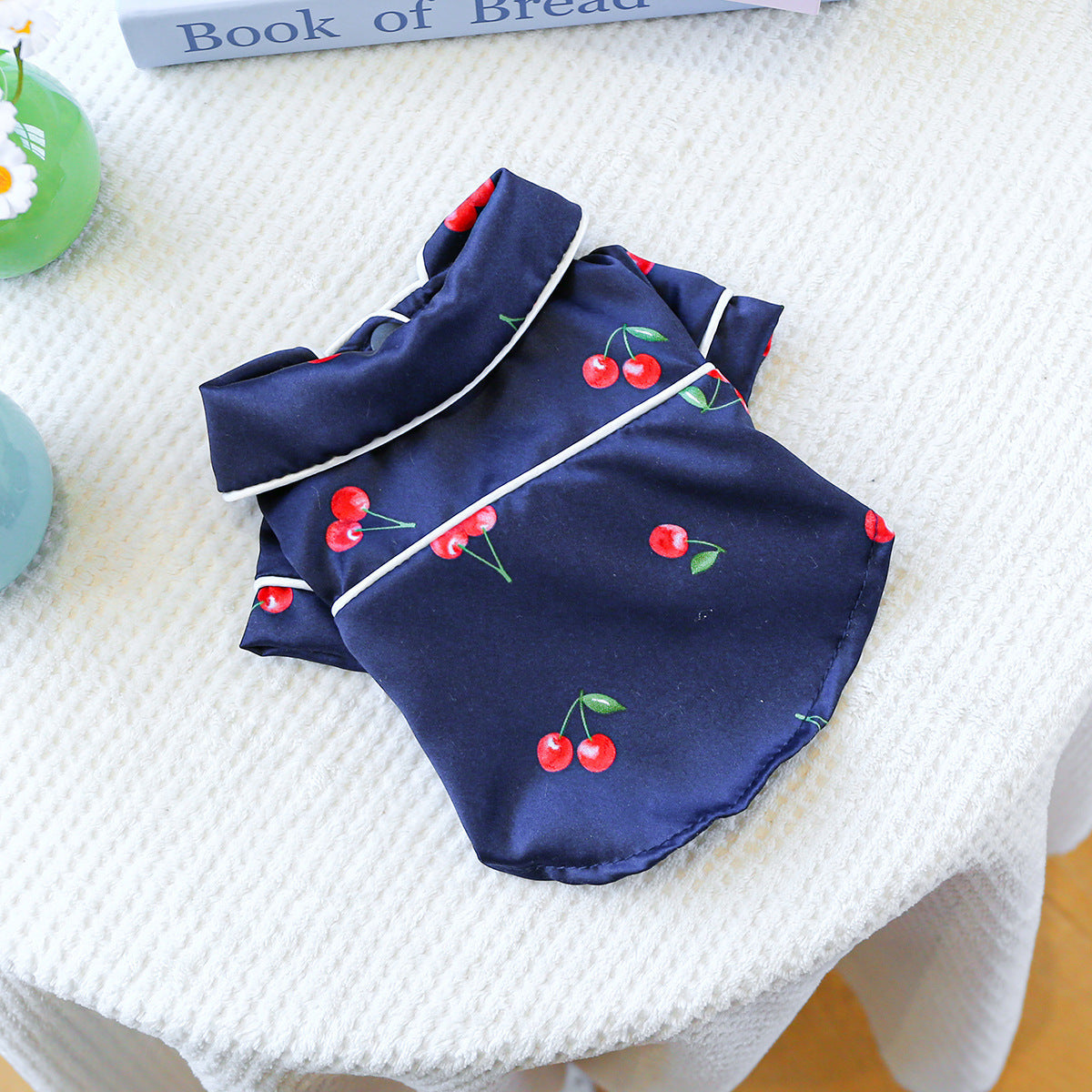 KFX-4556605 Cherry Pajamas for Small Dogs and Puppies – Comfortable Polyester Sleepwear in Dark Blue and White