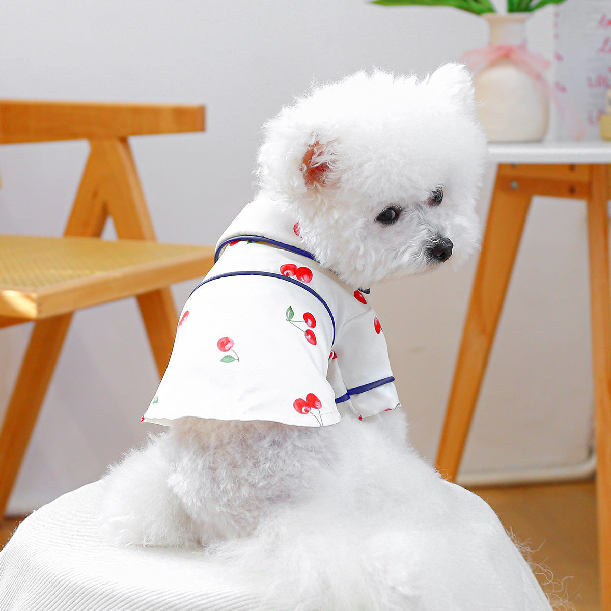 KFX-4556605 Cherry Pajamas for Small Dogs and Puppies – Comfortable Polyester Sleepwear in Dark Blue and White