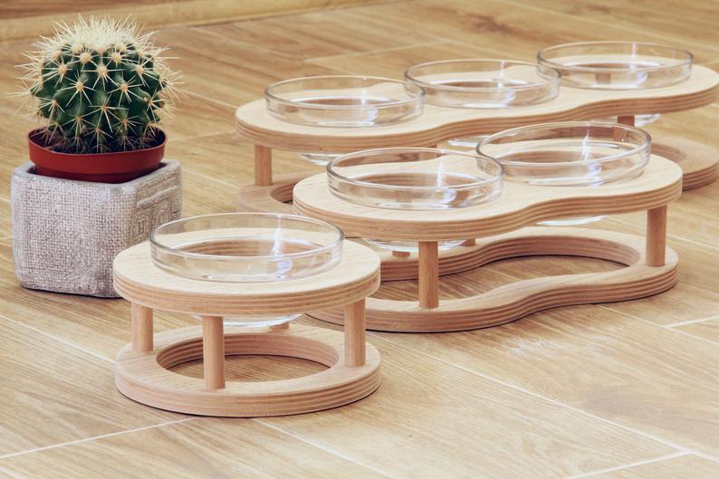 KFX-4561725 Wooden Cat Bowls with Glass Bowls in Various Sizes: Single, Double, and Triple Options