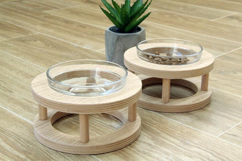 KFX-4561725 Wooden Cat Bowls with Glass Bowls in Various Sizes: Single, Double, and Triple Options
