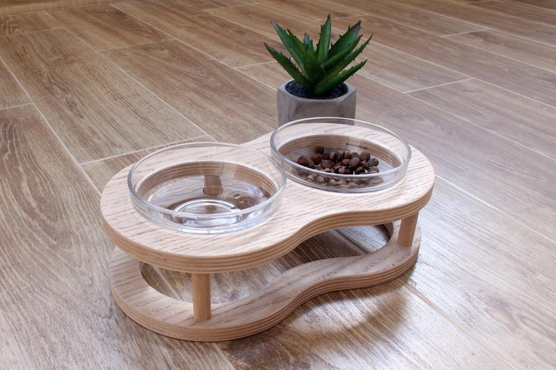 KFX-4561725 Wooden Cat Bowls with Glass Bowls in Various Sizes: Single, Double, and Triple Options