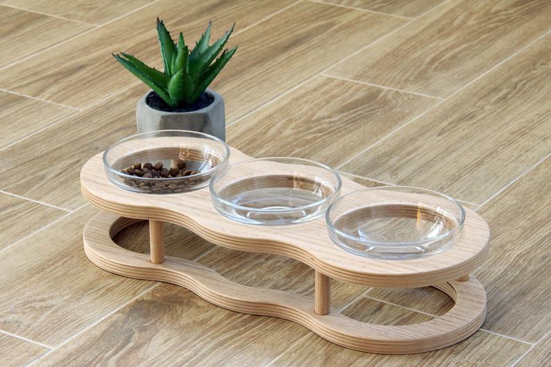 KFX-4561725 Wooden Cat Bowls with Glass Bowls in Various Sizes: Single, Double, and Triple Options