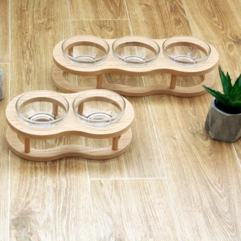 KFX-4561725 Wooden Cat Bowls with Glass Bowls in Various Sizes: Single, Double, and Triple Options