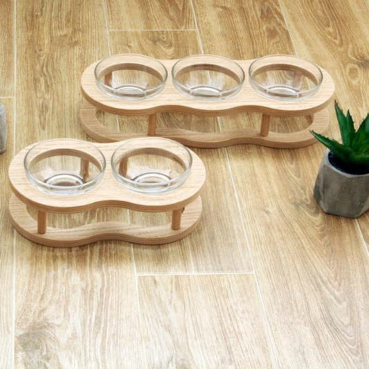 KFX-4561725 Wooden Cat Bowls with Glass Bowls in Various Sizes: Single, Double, and Triple Options