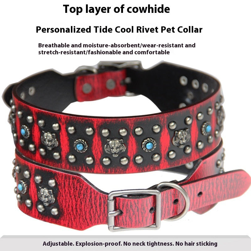 KFX-4567485 Large Dog Personality Rivets Leather Collar in Dark Red, Gold, Silver, Orange, Red