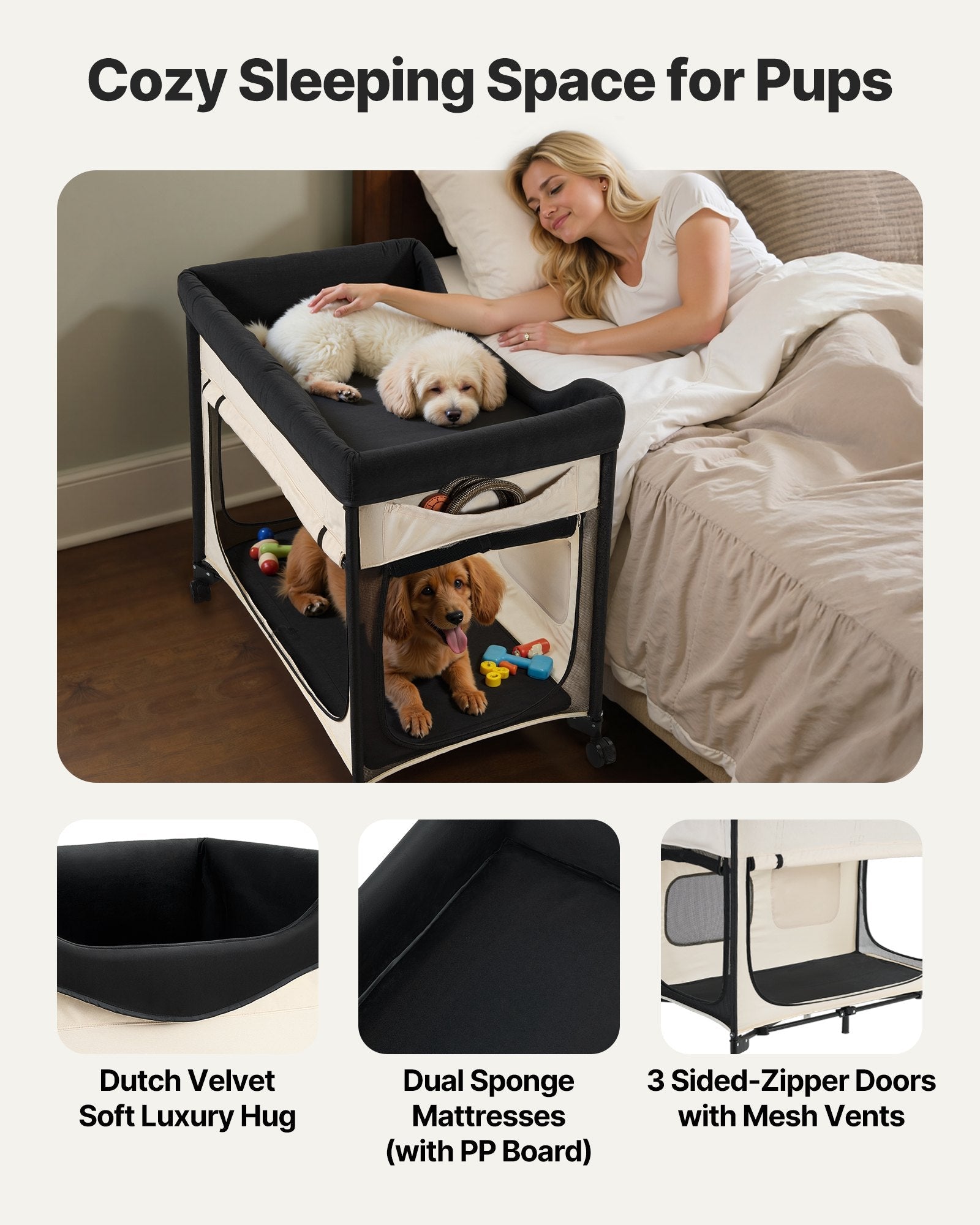 KFX-4569917 Dual-Level Elevated Pet Bed with Foldable Design, 600D Oxford Cloth, Dutch Velvet, Portable Cot with Wheels and Storage for Cats & Dogs, XL, Beige