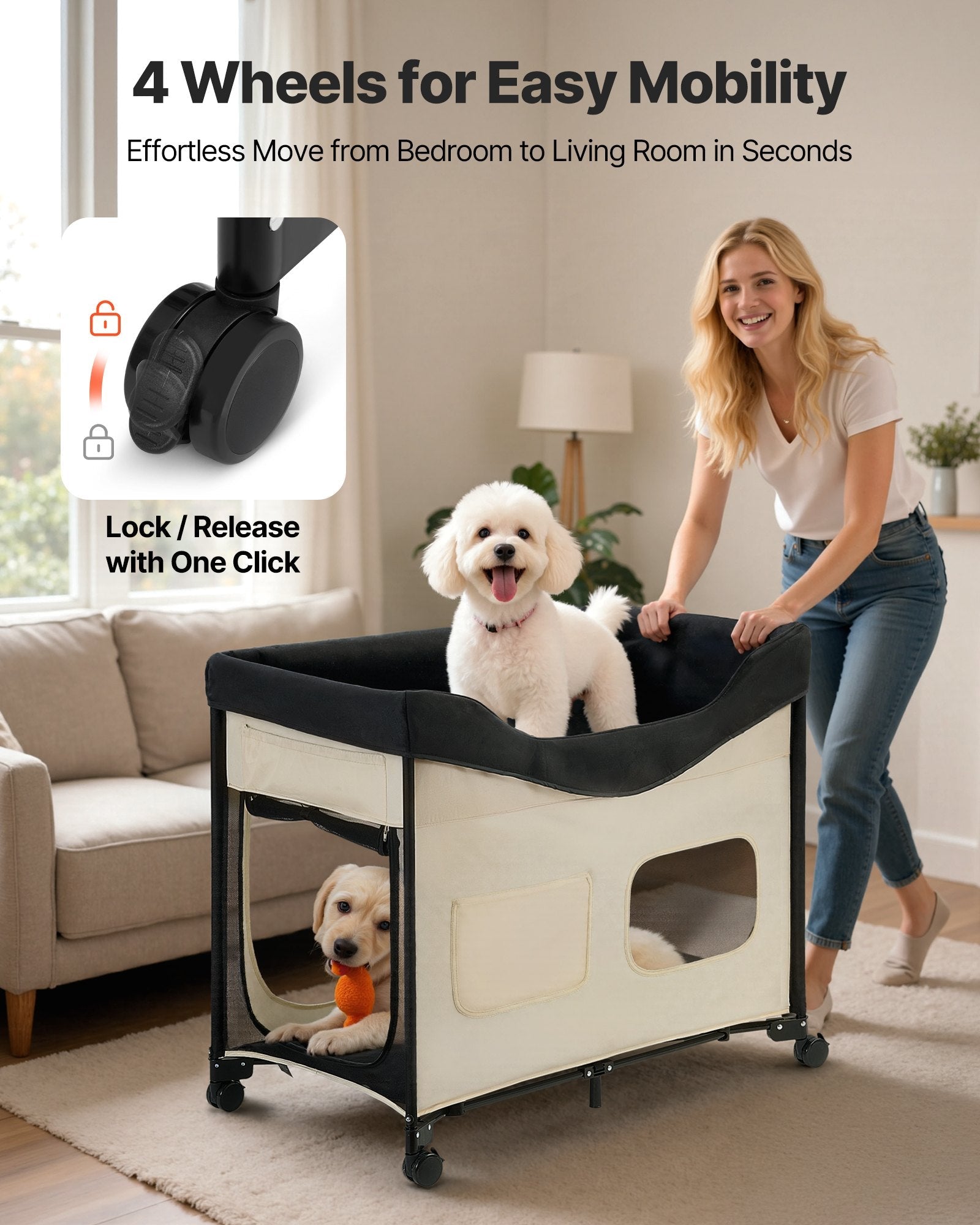 KFX-4569917 Dual-Level Elevated Pet Bed with Foldable Design, 600D Oxford Cloth, Dutch Velvet, Portable Cot with Wheels and Storage for Cats & Dogs, XL, Beige