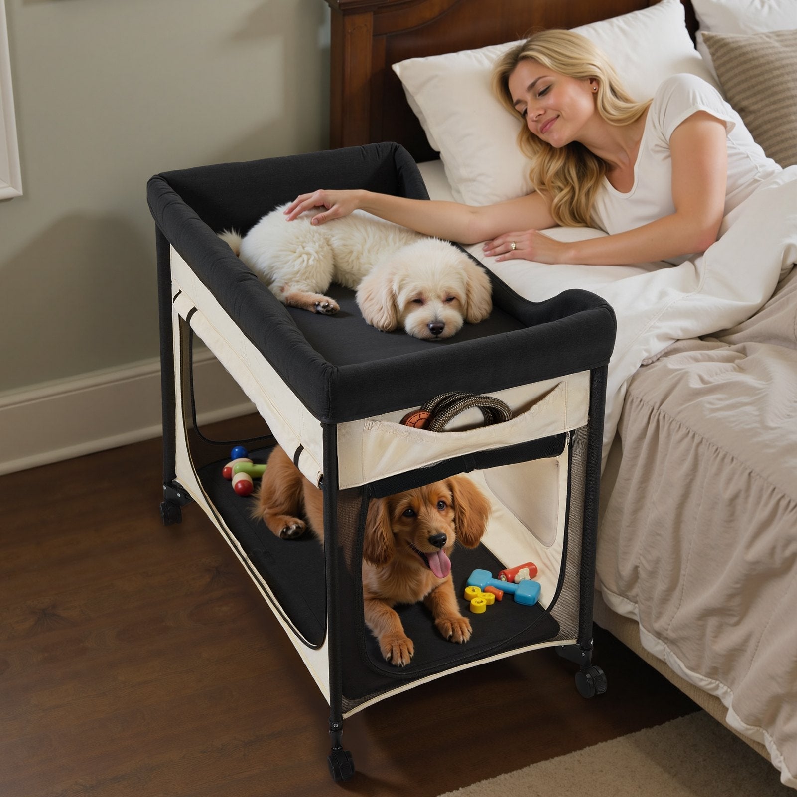 KFX-4569917 Dual-Level Elevated Pet Bed with Foldable Design, 600D Oxford Cloth, Dutch Velvet, Portable Cot with Wheels and Storage for Cats & Dogs, XL, Beige