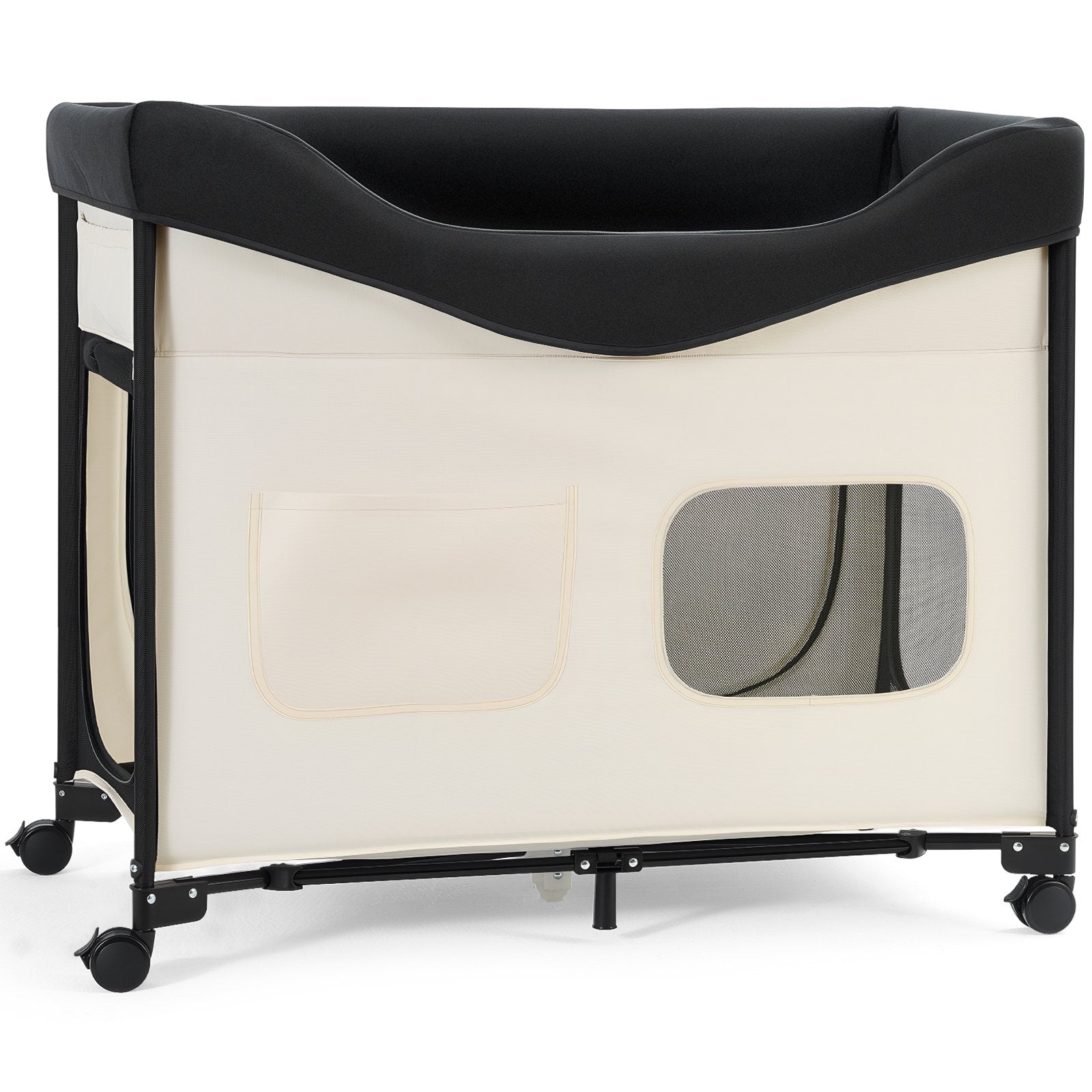 KFX-4569917 Dual-Level Elevated Pet Bed with Foldable Design, 600D Oxford Cloth, Dutch Velvet, Portable Cot with Wheels and Storage for Cats & Dogs, XL, Beige