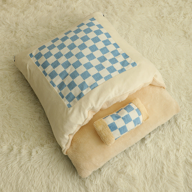 KFX-4571325 Cozy Semi-Enclosed Cat Nest with Warm Quilted Sleeping Bag Design