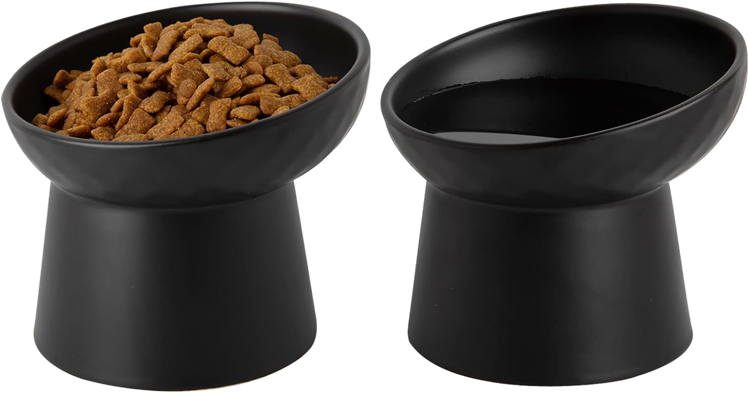 KFX-4574525 Elevated Ceramic Cat Bowls Set with Tilted Design for Comfortable Eating and Anti-Slip Stability