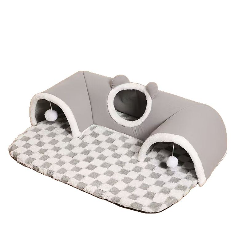 KFX-4575293 2-in-1 Cat Tunnel Bed and Play Cave for Kittens and Small Pets, Washable with Hanging Balls for Interactive Fun