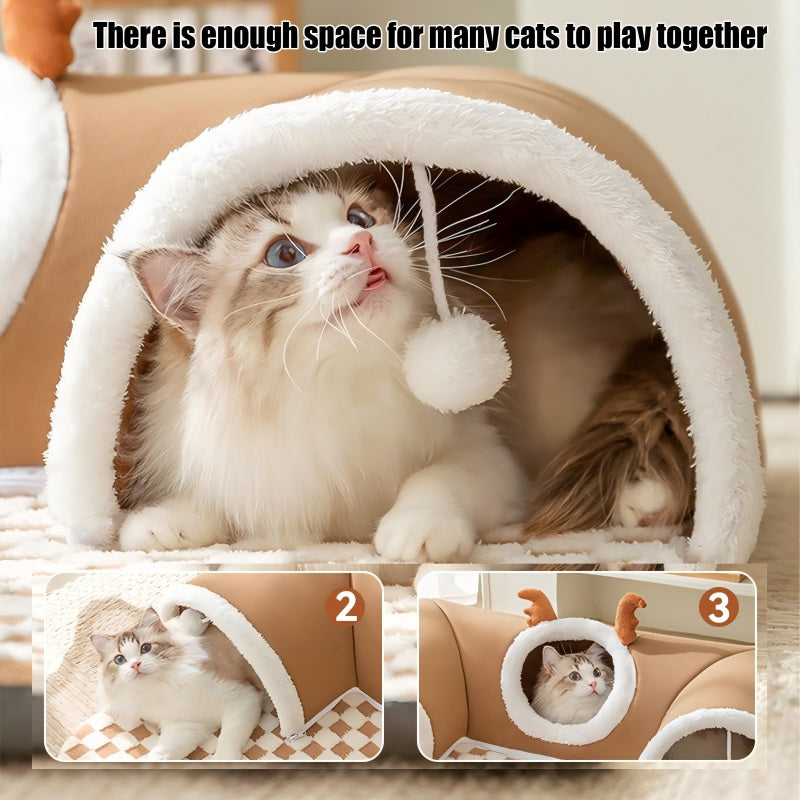 KFX-4575293 2-in-1 Cat Tunnel Bed and Play Cave for Kittens and Small Pets, Washable with Hanging Balls for Interactive Fun
