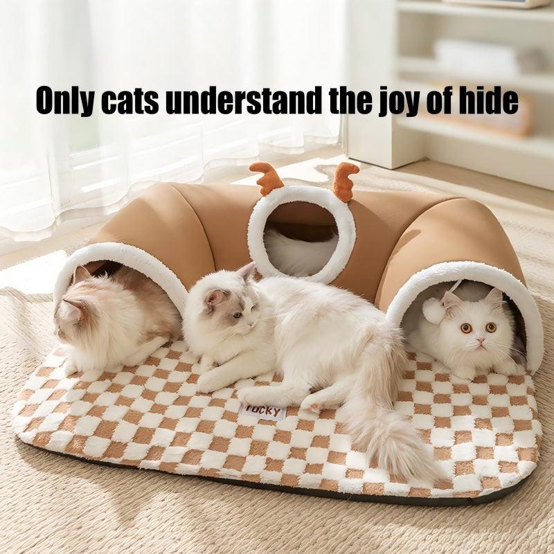 KFX-4575293 2-in-1 Cat Tunnel Bed and Play Cave for Kittens and Small Pets, Washable with Hanging Balls for Interactive Fun