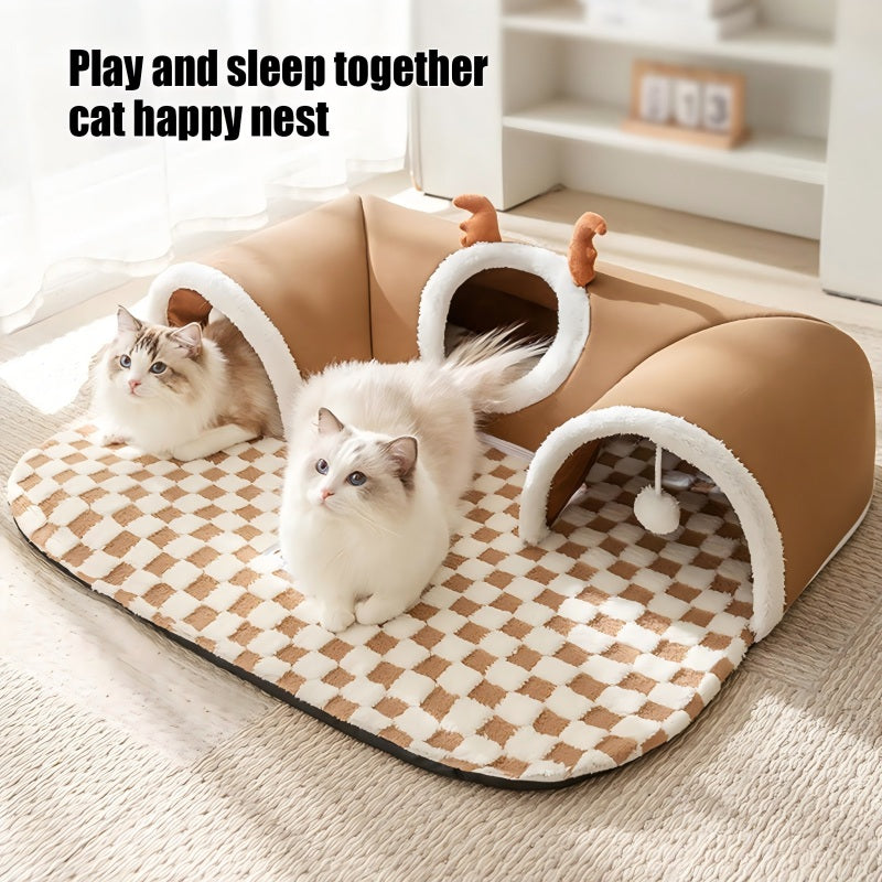 KFX-4575293 2-in-1 Cat Tunnel Bed and Play Cave for Kittens and Small Pets, Washable with Hanging Balls for Interactive Fun