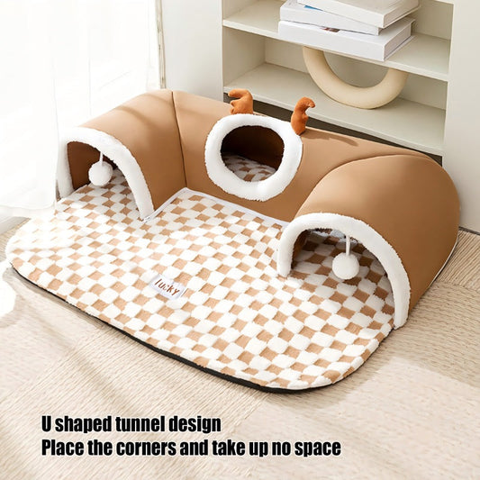 KFX-4575293 2-in-1 Cat Tunnel Bed and Play Cave for Kittens and Small Pets, Washable with Hanging Balls for Interactive Fun