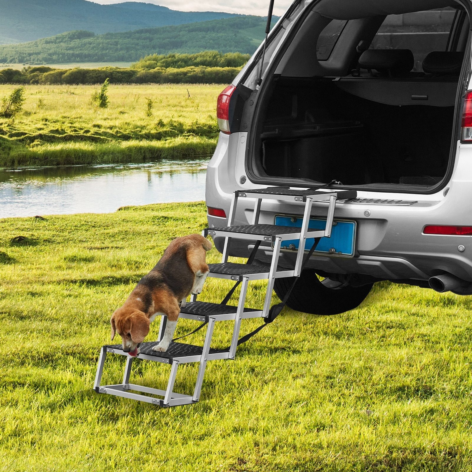 KFX-4580285 Folding 5-Step Dog Stairs for Cars - Aluminum, Safe & Non-Slip Design, Supports Pets up to 150 lbs