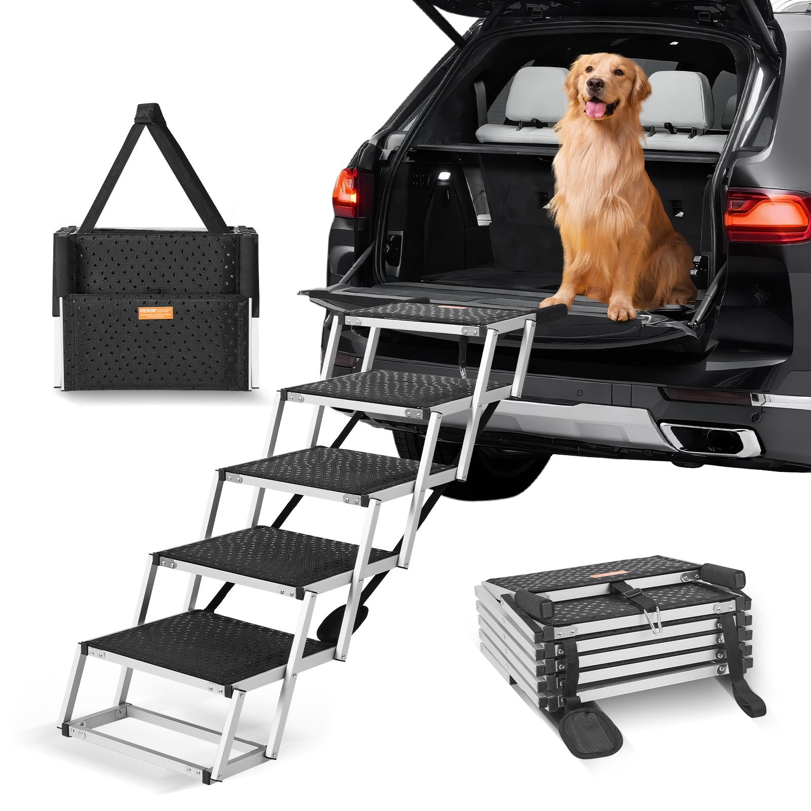 KFX-4580285 Folding 5-Step Dog Stairs for Cars - Aluminum, Safe & Non-Slip Design, Supports Pets up to 150 lbs