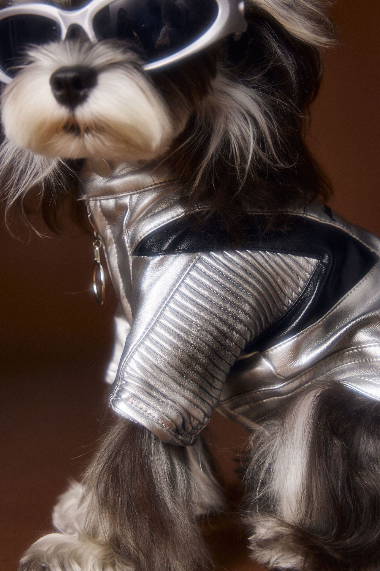 KFX-4581565 Handsome Distressed Silver Leather Coat for Teddy Schnauzer Bichon - Available in Multiple Sizes
