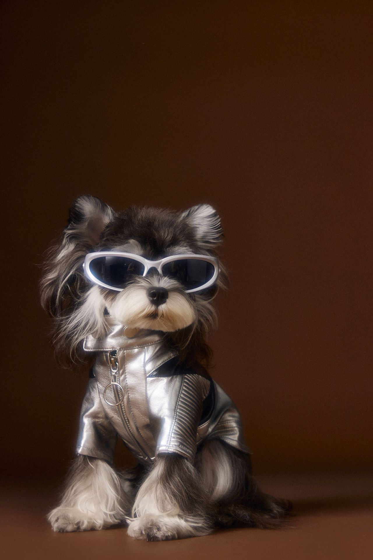 KFX-4581565 Handsome Distressed Silver Leather Coat for Teddy Schnauzer Bichon - Available in Multiple Sizes
