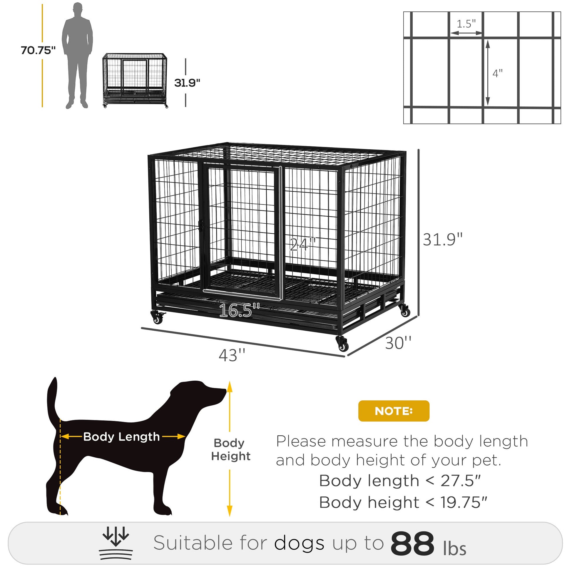 KFX-4586429 Heavy Duty 43" Dog Crate with Removable Tray, Lockable Wheels, Double Doors for Large Dogs