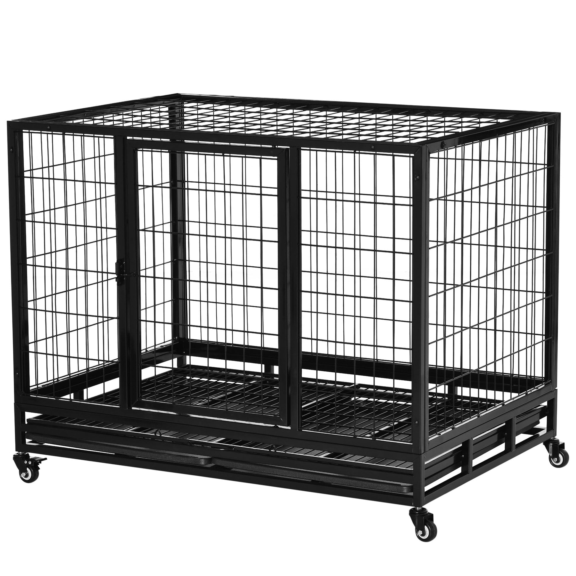 KFX-4586429 Heavy Duty 43" Dog Crate with Removable Tray, Lockable Wheels, Double Doors for Large Dogs