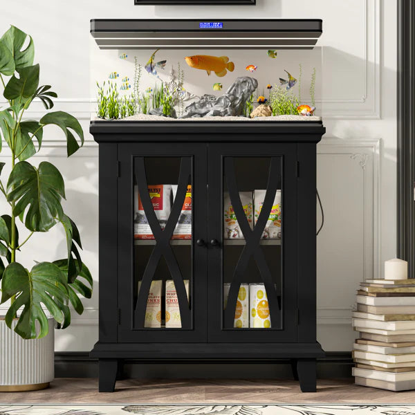 KFX-4591805 20 Gallon Fish Tank Stand with Power Outlets and Adjustable Shelves, Decorative Aquarium Stand with Storage in Black
