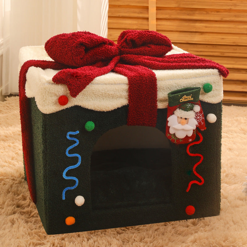 KFX-4592573 Cozy Christmas Gift Box Shaped Cat and Dog Nest, Warm Teddy Velvet Pet Bed