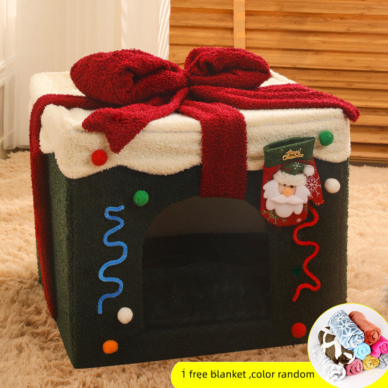 KFX-4592573 Cozy Christmas Gift Box Shaped Cat and Dog Nest, Warm Teddy Velvet Pet Bed