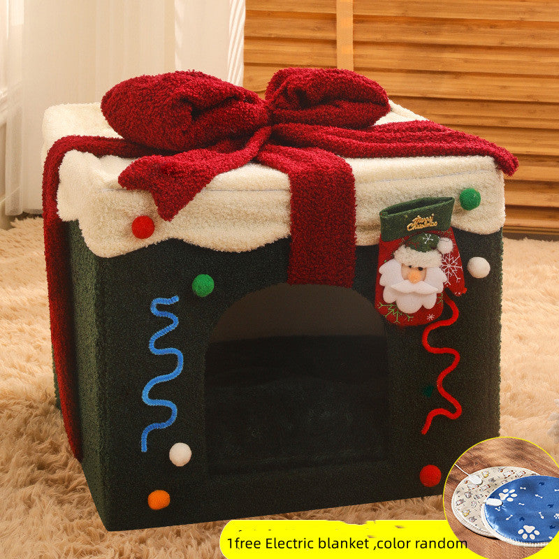 KFX-4592573 Cozy Christmas Gift Box Shaped Cat and Dog Nest, Warm Teddy Velvet Pet Bed
