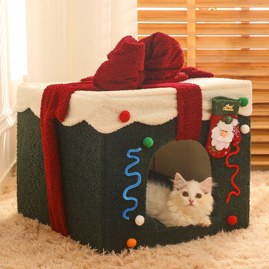 KFX-4592573 Cozy Christmas Gift Box Shaped Cat and Dog Nest, Warm Teddy Velvet Pet Bed