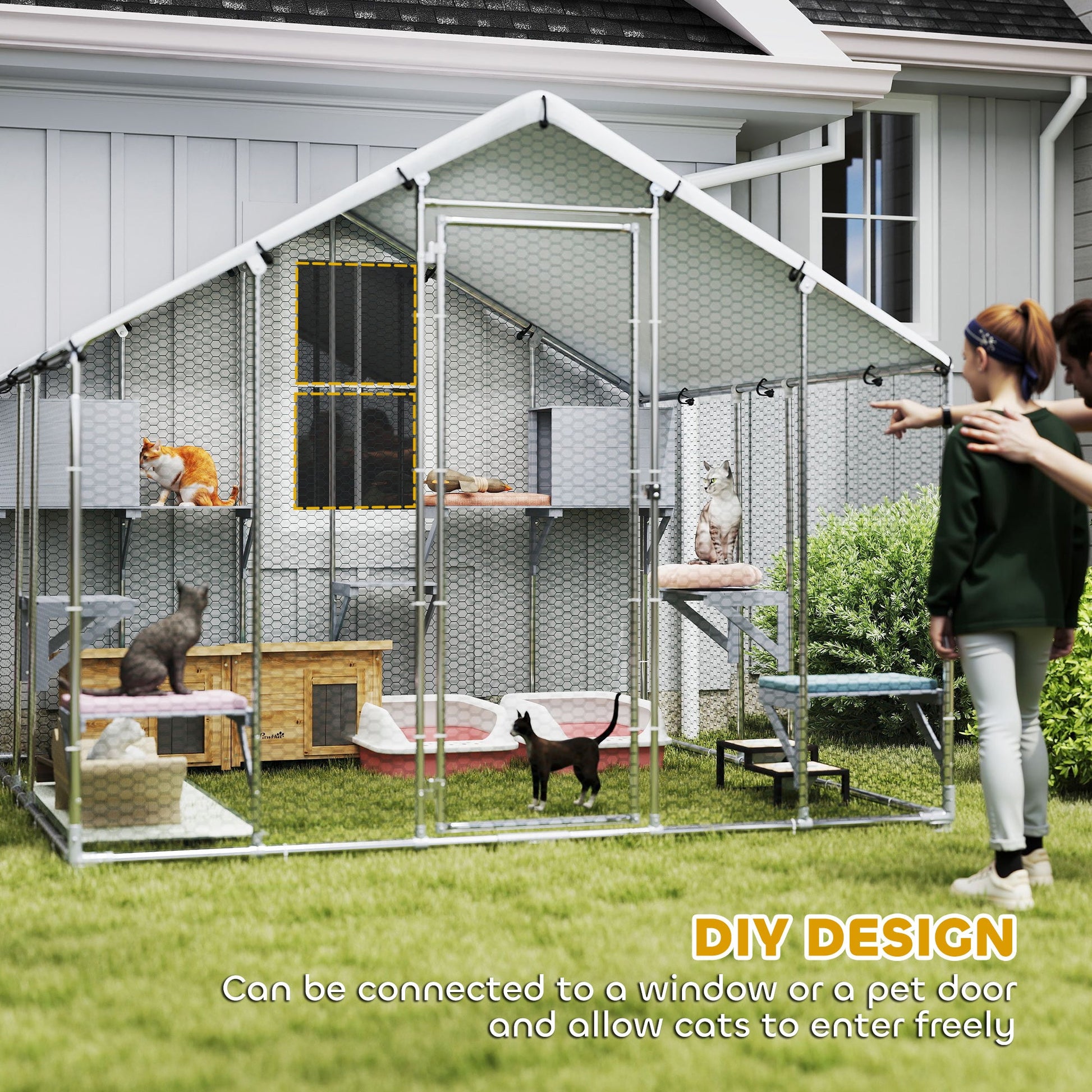 KFX-4598333 Extra Large Metal Outdoor Catio for Cats with Waterproof Cover, Resting Boxes, and Multiple Jumping Platforms