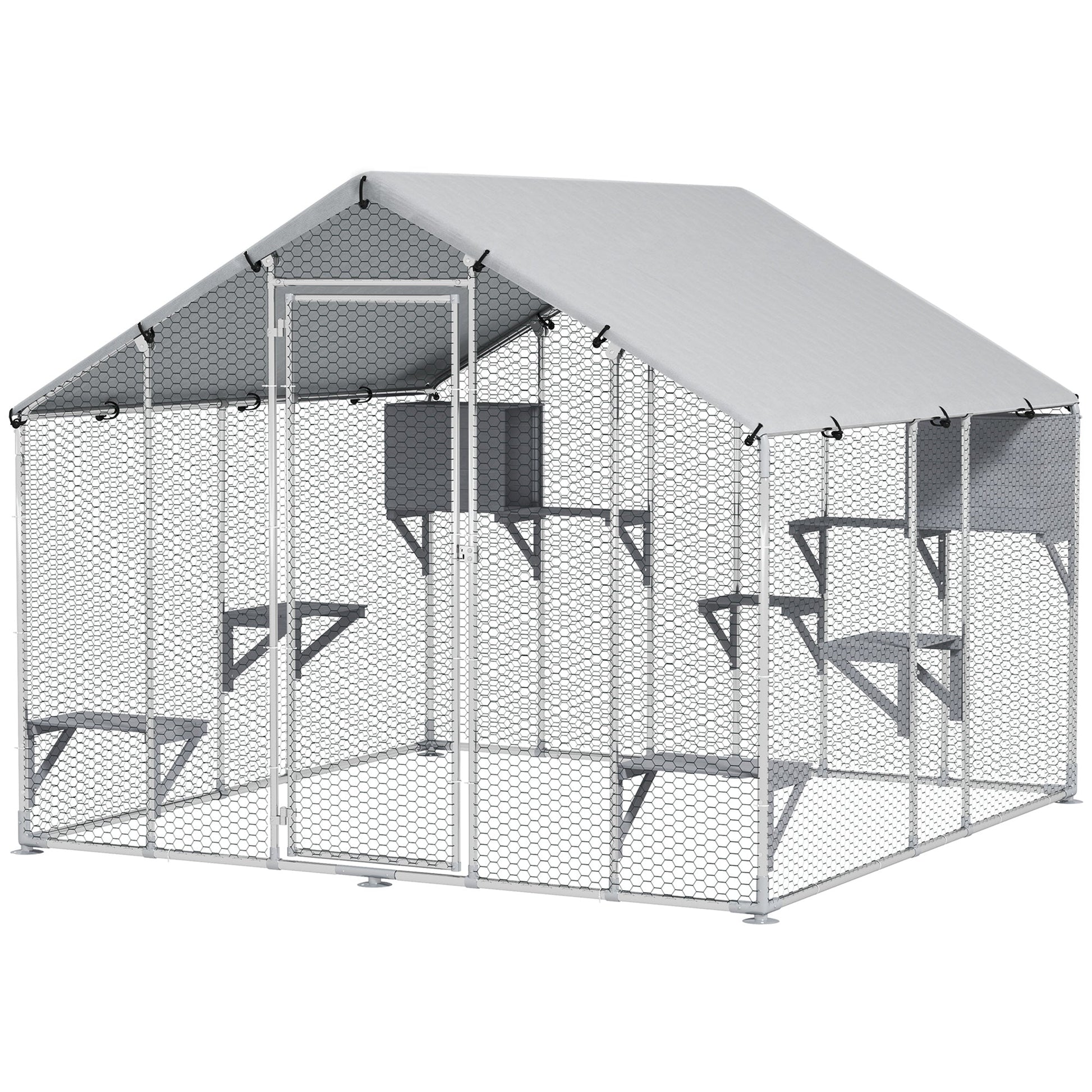 KFX-4598333 Extra Large Metal Outdoor Catio for Cats with Waterproof Cover, Resting Boxes, and Multiple Jumping Platforms