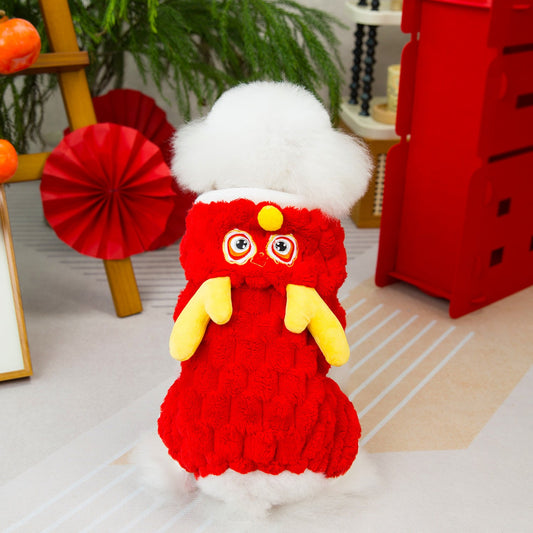 KFX-4598845 Double-Sided Velvet Fluffy Jacket for Pets - Cartoon Little Dragon Design in Red, Available in Multiple Sizes