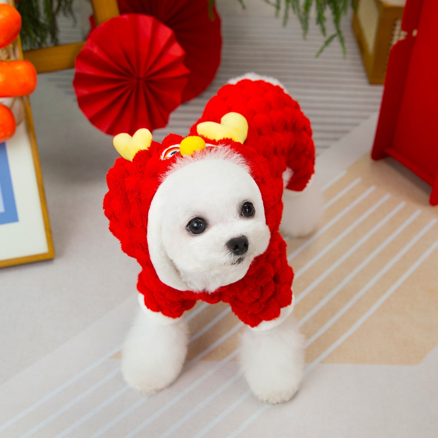 KFX-4598845 Double-Sided Velvet Fluffy Jacket for Pets - Cartoon Little Dragon Design in Red, Available in Multiple Sizes