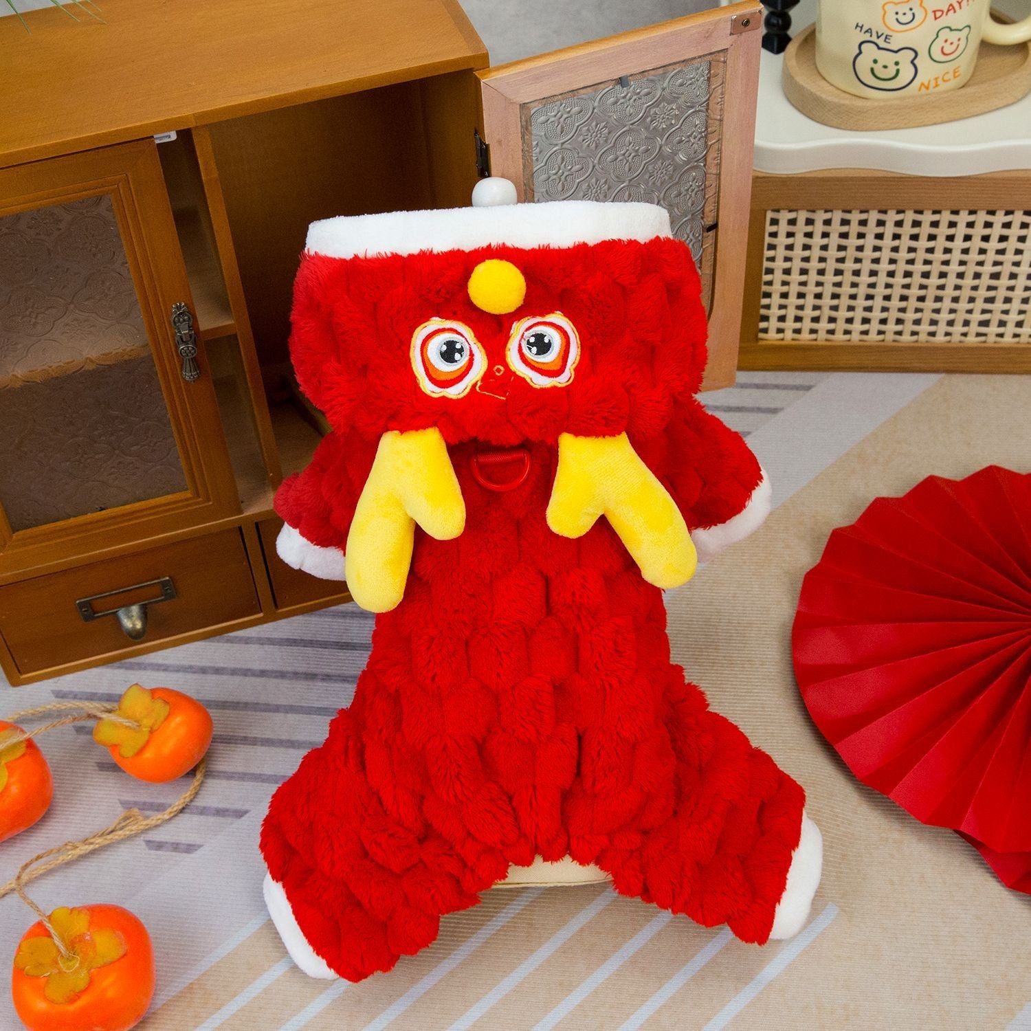 KFX-4598845 Double-Sided Velvet Fluffy Jacket for Pets - Cartoon Little Dragon Design in Red, Available in Multiple Sizes