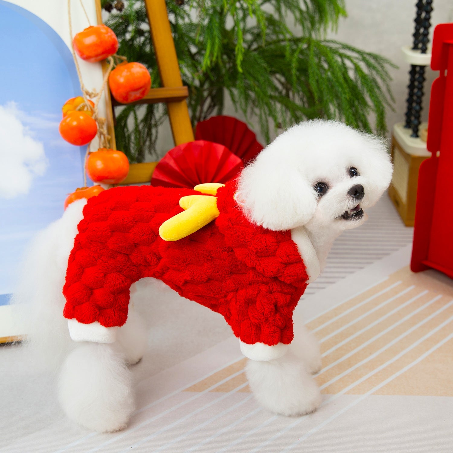 KFX-4598845 Double-Sided Velvet Fluffy Jacket for Pets - Cartoon Little Dragon Design in Red, Available in Multiple Sizes