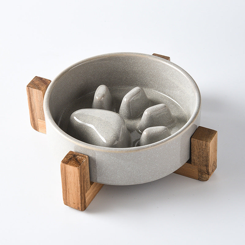 KFX-4604221 Japanese Style Medium Ceramic Pet Bowl for Cats and Dogs with Wooden Frame, 15.5cm