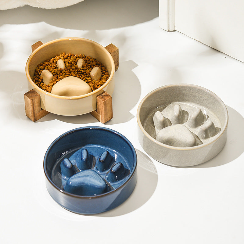 KFX-4604221 Japanese Style Medium Ceramic Pet Bowl for Cats and Dogs with Wooden Frame, 15.5cm