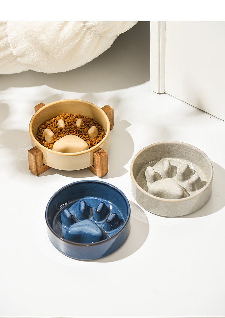 KFX-4604221 Japanese Style Medium Ceramic Pet Bowl for Cats and Dogs with Wooden Frame, 15.5cm