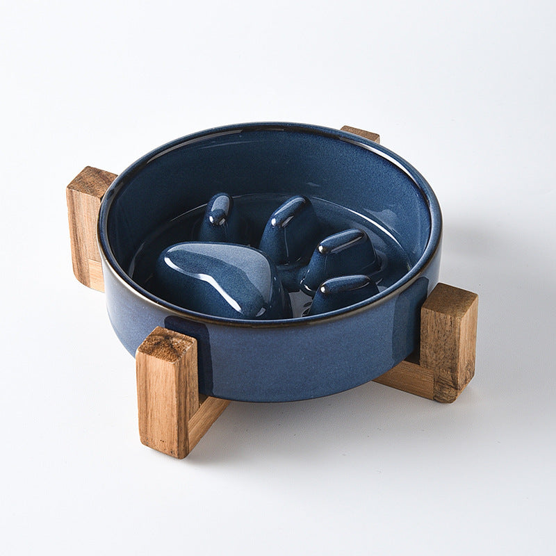 KFX-4604221 Japanese Style Medium Ceramic Pet Bowl for Cats and Dogs with Wooden Frame, 15.5cm